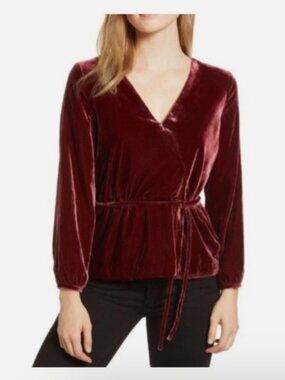 J.Crew Burgundy Velvet Wrap V-Neck Tie Waist Long Sleeve Blouse